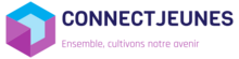 Logo de l'association ConnectJeunes, cube violet et bleu, nom et slogan