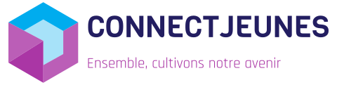 Logo de l'association ConnectJeunes, cube violet et bleu, nom et slogan